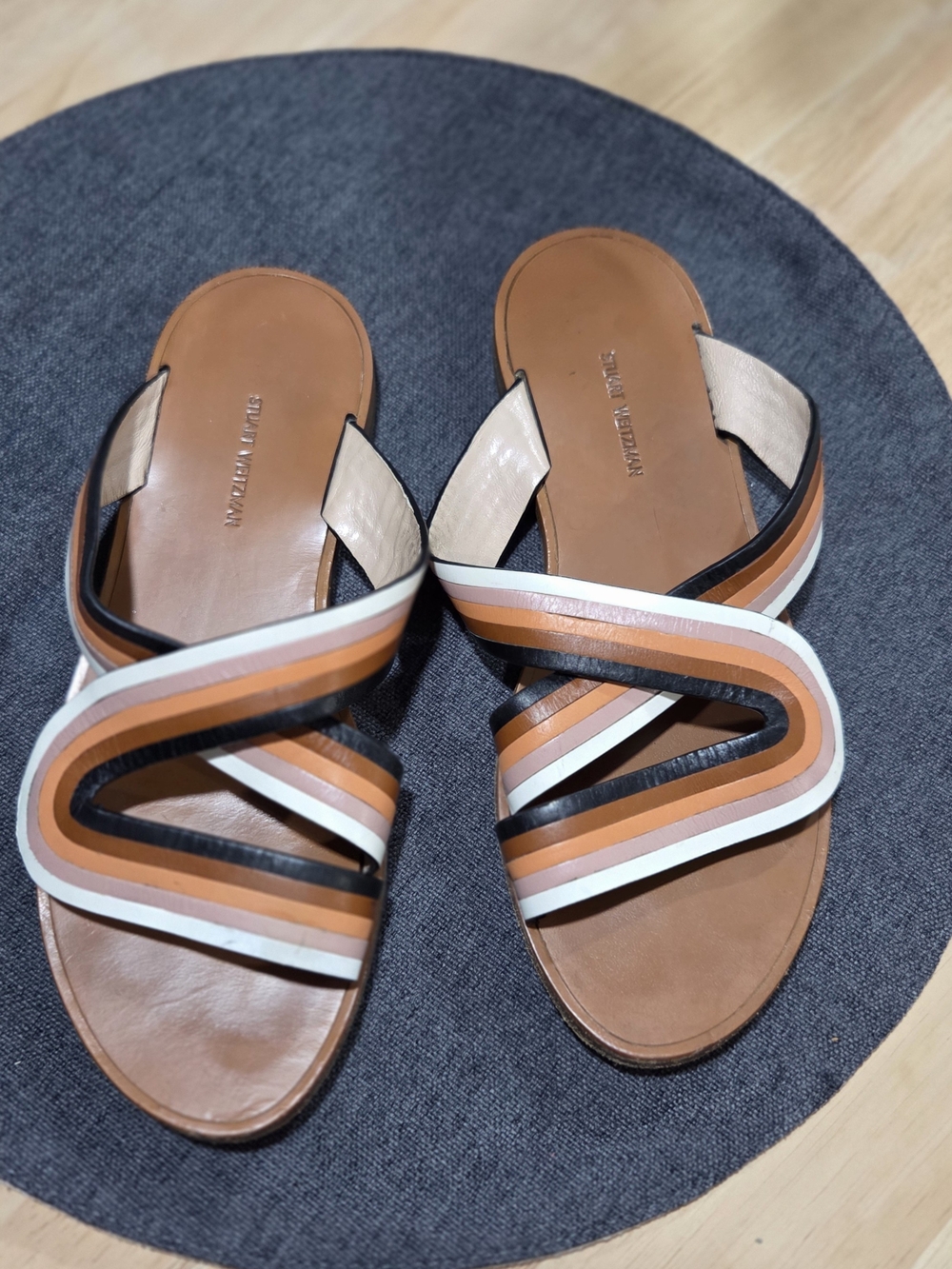 Stuart Weitzman Women's Tan Multi-Stripe Slide Sandals